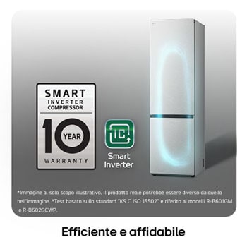 Frigorifero combinato LG GBV7280DMB con logo Smart Inverter Compressor, mostra la garanzia di 10 anni e l'efficienza energetica migliorata.