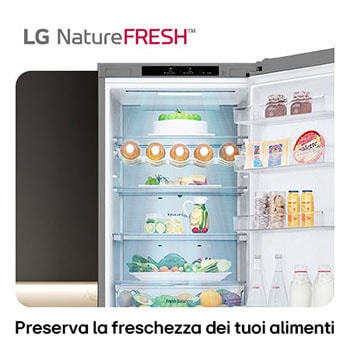 Frigorifero combinato LG GBV7280DMB mostra l'interno NatureFRESH con portabottiglie e cassetti per prolungata freschezza di frutta e verdura.