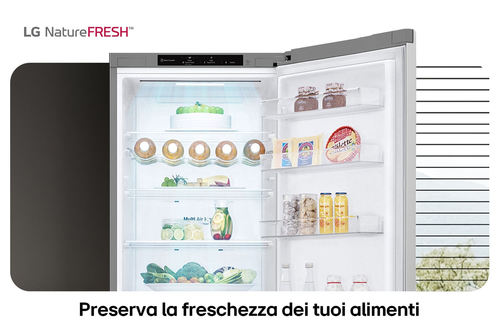 Frigorifero combinato LG GBV3200DPY mostra l'interno NatureFRESH con portabottiglie e cassetti per prolungata freschezza di frutta e verdura.