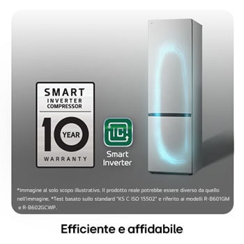 Frigorifero combinato LG GBV3200DPY con logo Smart Inverter Compressor, mostra la garanzia di 10 anni e l'efficienza energetica migliorata.