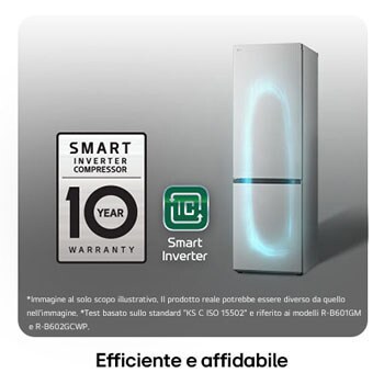 Frigorifero combinato LG GBV3100CPY con logo Smart Inverter Compressor, mostra la garanzia di 10 anni e l'efficienza energetica migliorata.