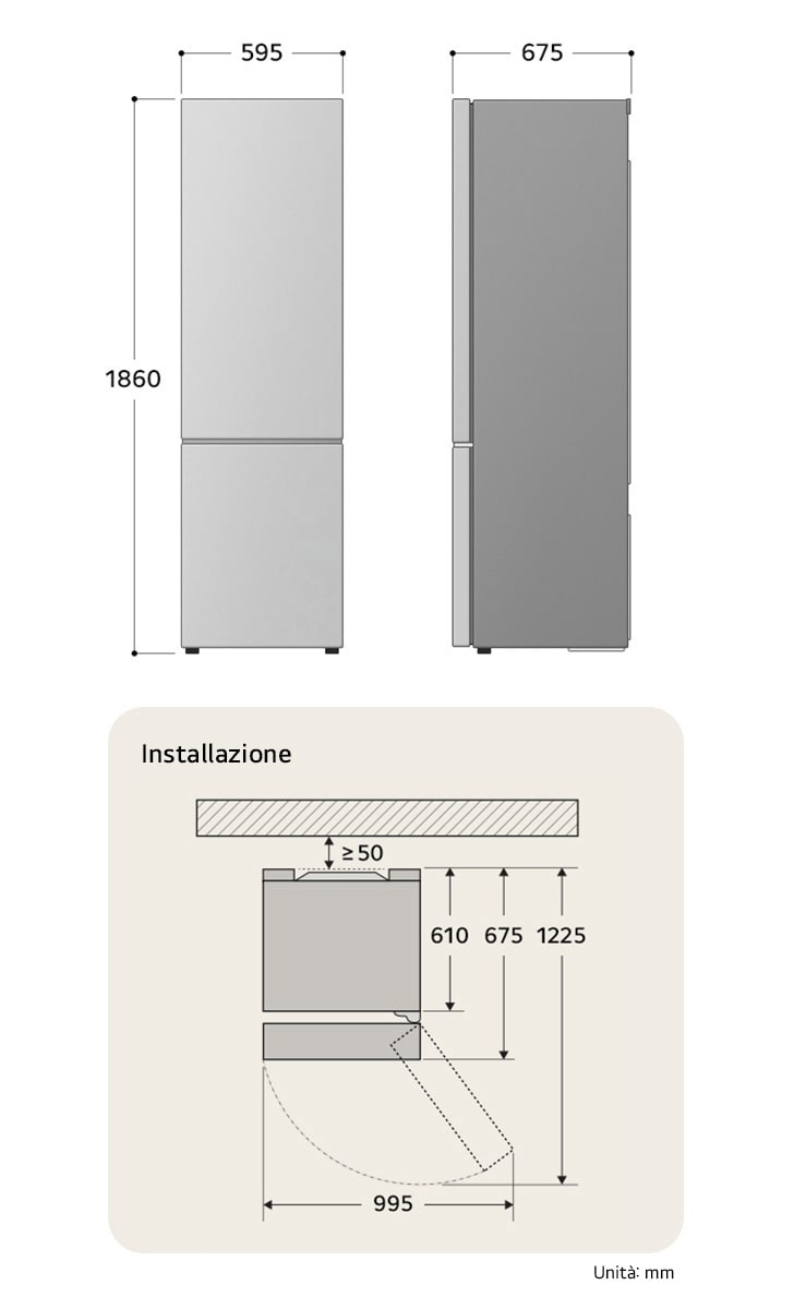 Frigorifero combinato LG disegno tecnico: A 1860, L 595, P 675 mm, con misure di installazione e $\ge$50 mm di spazio dalla parete.