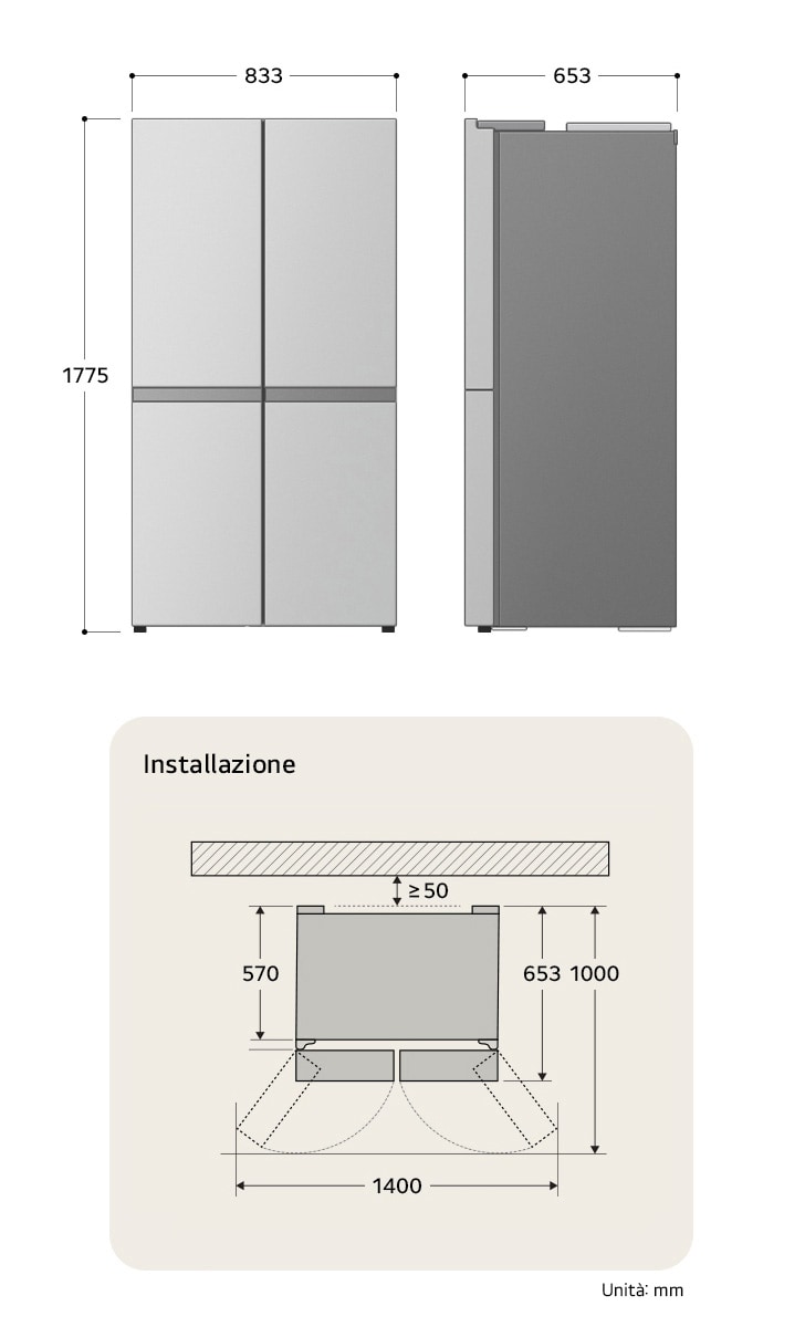Frigorifero Multi-Porta LG GMM41MSBEM che mostra le dimensioni di installazione e il formato prodotto, inclusa altezza di 1775 mm, larghezza di 833 mm e profondità di 653 mm.