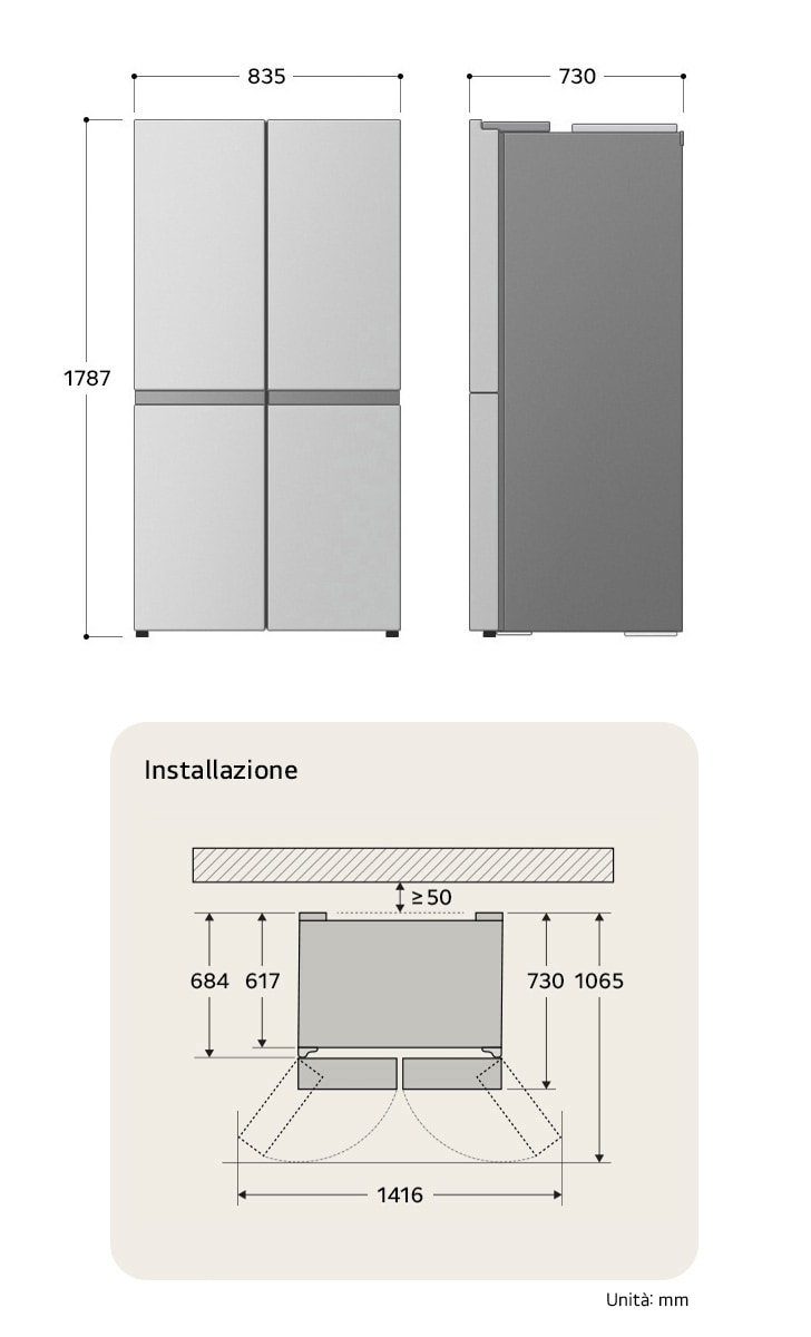 Frigorifero Multi-Porta LG che mostra le dimensioni di installazione e il formato prodotto, inclusa altezza di 1787 mm, larghezza di 835 mm e profondità di 730 mm.