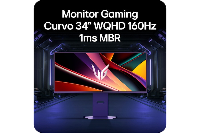 Monitor Gaming Curvo LG UltraGear 34G600A con specifiche 34 pollici WQHD 160 Hz e 1 ms MBR, esposto in un ambiente di gioco futuristico.