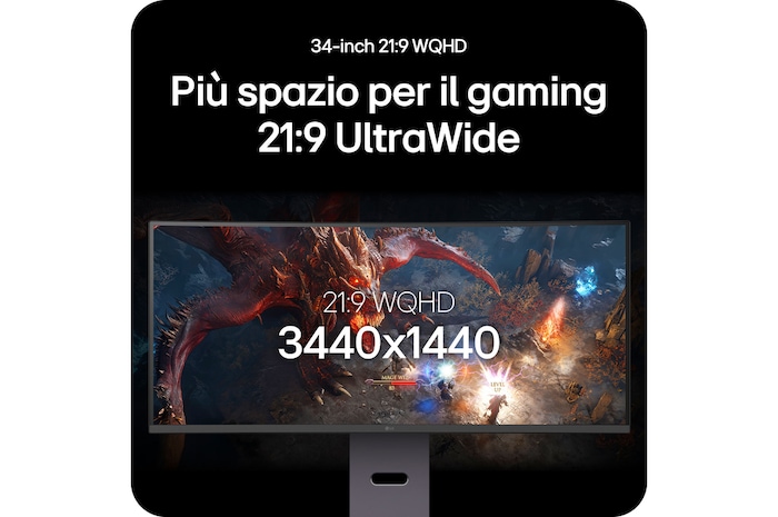 Monitor LG UltraGear 34G600A che offre una visuale di gioco ampliata con il suo display 21:9 WQHD da 34 pollici (risoluzione 3440 x 1440).
