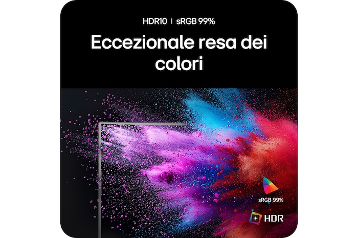 Monitor LG UltraGear 34G600A che mostra colori vividi con copertura sRGB 99% e supporto HDR10 per un'esperienza di gioco realistica.