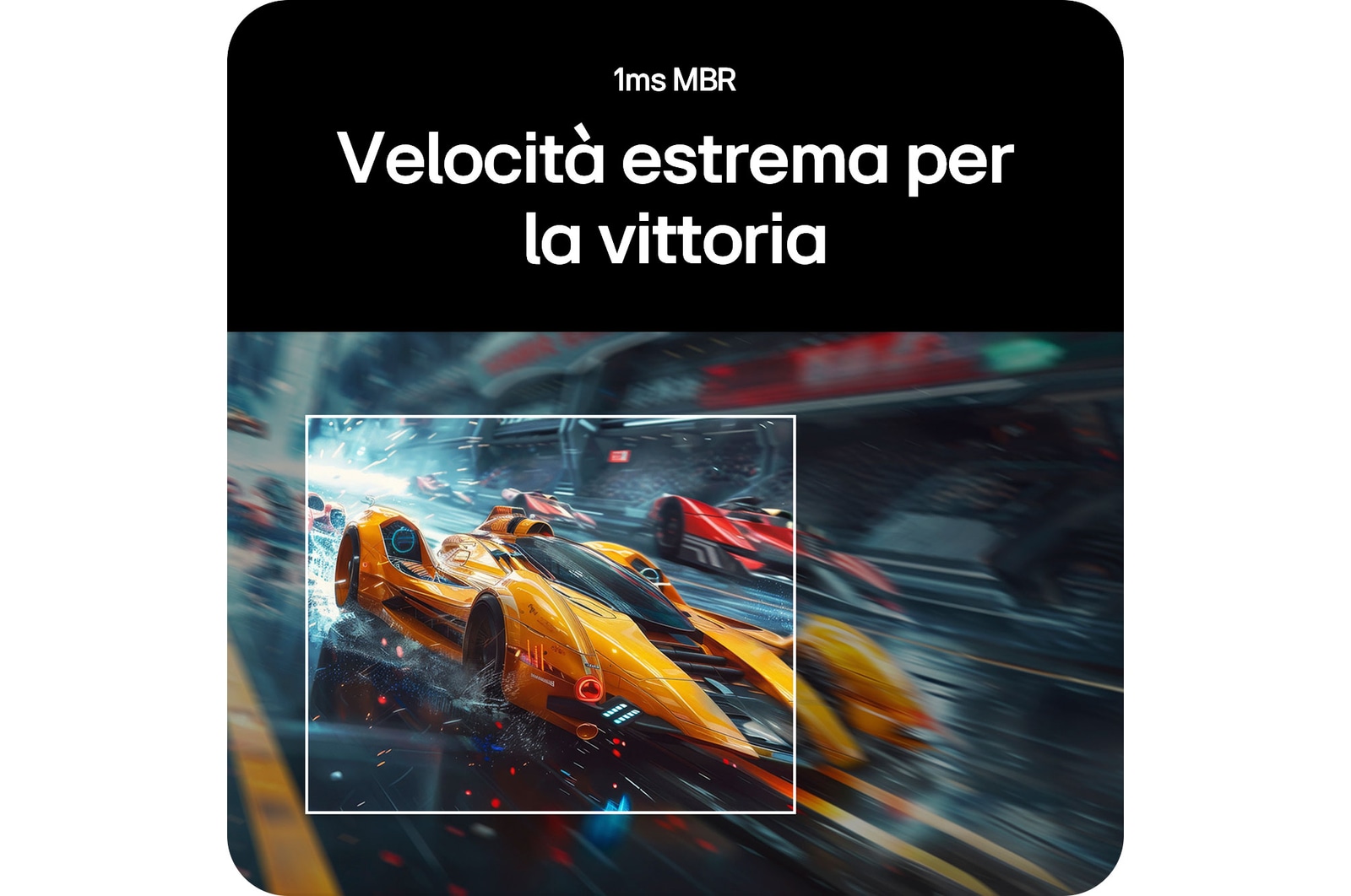 Monitor LG UltraGear 34G600A che dimostra un gameplay ad alta velocità e senza sfocature grazie alla riduzione del motion blur di 1 ms MBR.
