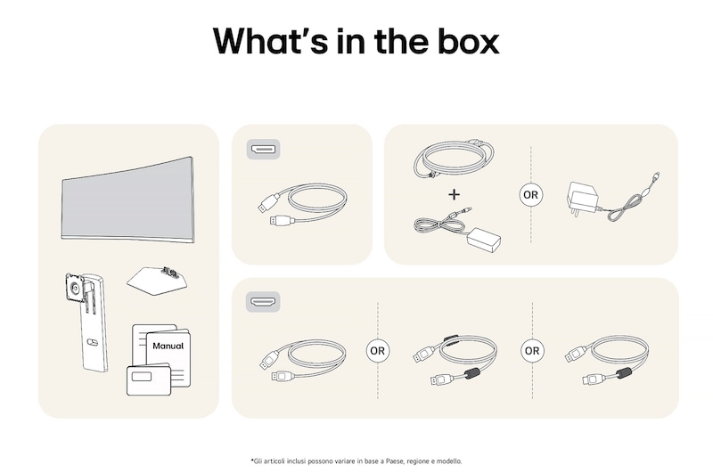Immagine degli accessori inclusi con il Monitor LG UltraGear 34G600A, che dettaglia il manuale, l'adattatore di alimentazione CA e le opzioni di cavo HDMI o DisplayPort in dotazione.