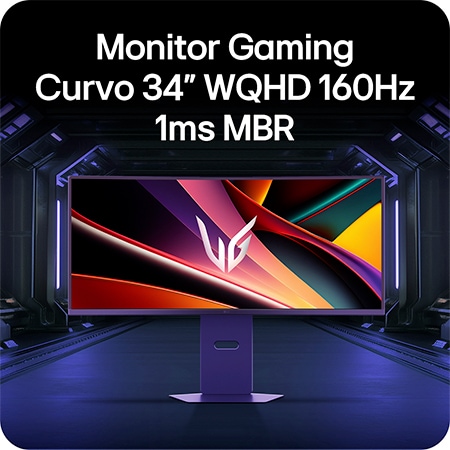 Monitor Gaming Curvo LG UltraGear 34G600A con specifiche 34 pollici WQHD 160 Hz e 1 ms MBR, esposto in un ambiente di gioco futuristico.