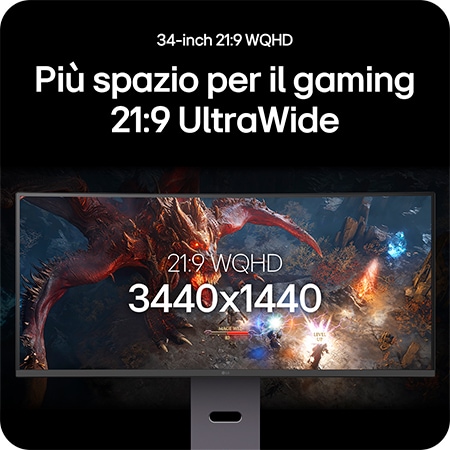 Monitor LG UltraGear 34G600A che offre una visuale di gioco ampliata con il suo display 21:9 WQHD da 34 pollici (risoluzione 3440 x 1440).