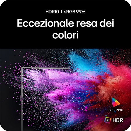 Monitor LG UltraGear 34G600A che mostra colori vividi con copertura sRGB 99% e supporto HDR10 per un'esperienza di gioco realistica.