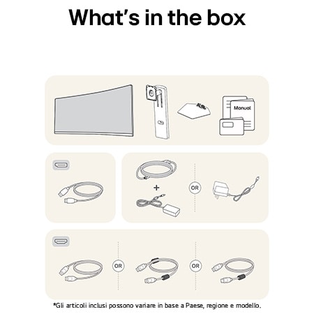 Immagine degli accessori inclusi con il Monitor LG UltraGear 34G600A, che dettaglia il manuale, l'adattatore di alimentazione CA e le opzioni di cavo HDMI o DisplayPort in dotazione.