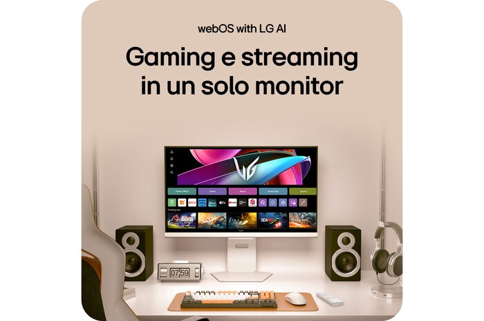 Monitor Gaming LG UltraGear 32G810SA come primo monitor gaming con webOS, che mostra l'interfaccia webOS con LG AI e le capacità Smart TV.