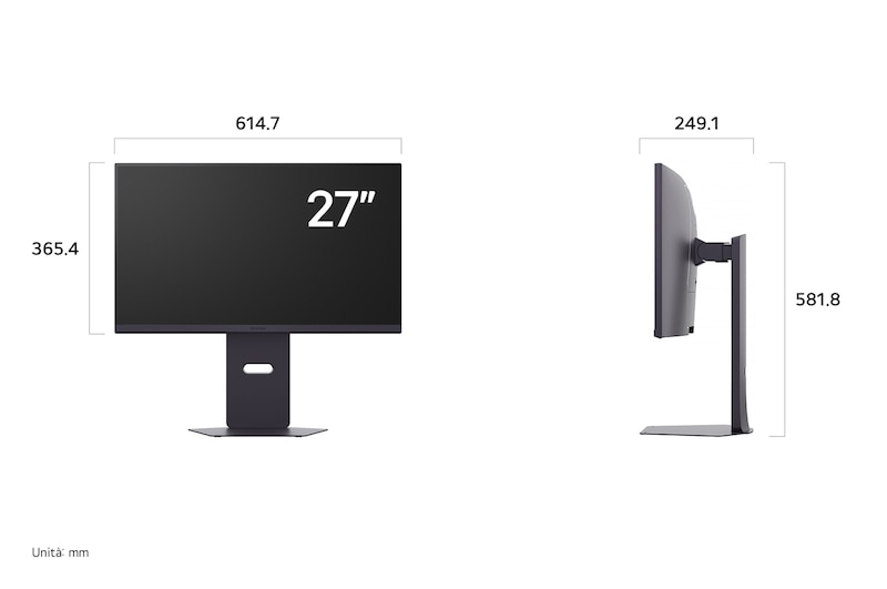 Monitor Gaming LG UltraGear 27G850A che mostra le dimensioni, misurando 614.7 mm di larghezza, 365.4 mm di altezza display, 581.8 mm di altezza totale e 249.1 mm di profondità.