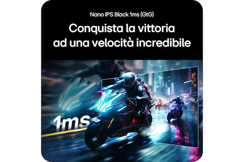 Monitor Gaming LG UltraGear 27G850A, che offre una notevole velocità di gioco con la tecnologia Nano IPS Black e un tempo di risposta di 1ms (GtG).