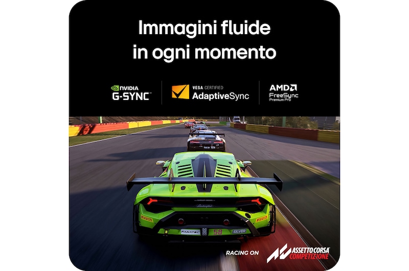 Monitor Gaming LG UltraGear 27G850A-B mostra fluidità di gioco: Compatibile NVIDIA G-SYNC, VESA AdaptiveSync e AMD FreeSync Premium Pro per un'esperienza di corsa fluida.
