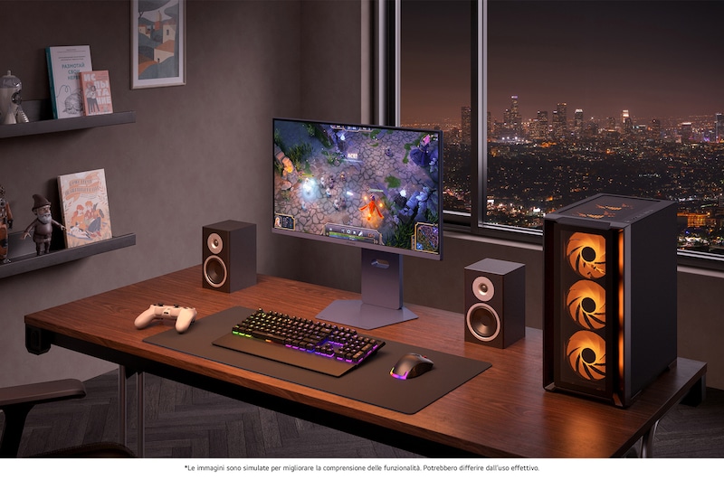 Monitor Gaming LG UltraGear 27G850A in un setup da gioco notturno, che mostra un'intensa azione di gioco e il suo design elegante ed ergonomico.