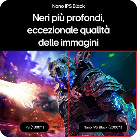 Monitor Gaming LG UltraGear 27G850A che dimostra la tecnologia Nano IPS Black con rapporto di contrasto 2000:1 per neri più intensi e immagini più chiare.