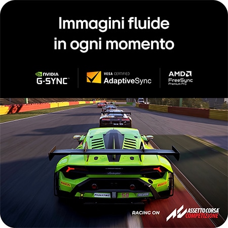 Monitor Gaming LG UltraGear 27G850A-B mostra fluidità di gioco: Compatibile NVIDIA G-SYNC, VESA AdaptiveSync e AMD FreeSync Premium Pro per un'esperienza di corsa fluida.