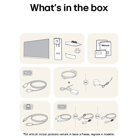 Monitor Gaming LG UltraGear 27G850A che mostra una panoramica di tutti i componenti inclusi, tra cui corpo monitor, parti del supporto, manuale e cavi HDMI e DP.