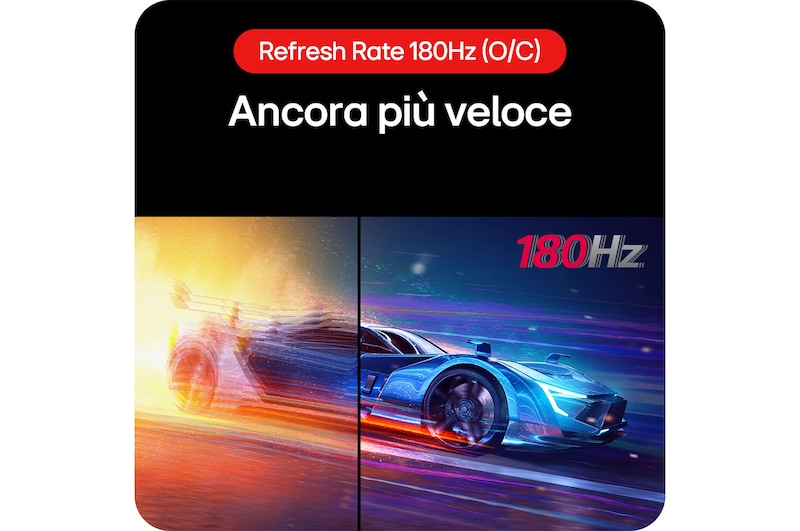 Monitor Gaming LG UltraGear 24GS60F, che dimostra la velocità potenziata con un refresh rate di 180 Hz come nuovo standard.