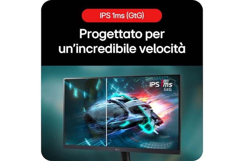 Monitor Gaming LG UltraGear 24GS60F, che offre immagini nitide da qualsiasi angolazione grazie al pannello IPS e al tempo di risposta di 1 ms (GtG).