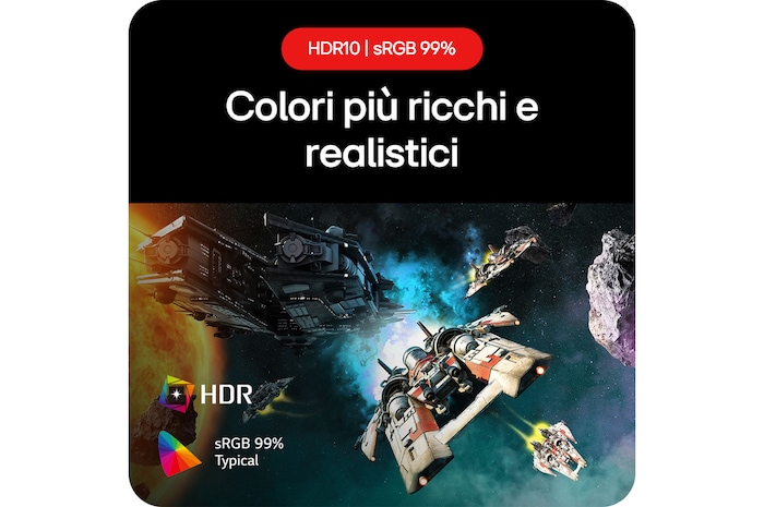 Monitor Gaming LG UltraGear 24GS60F, che permette di sperimentare colori fedeli alla realtà grazie al supporto HDR10 e alla copertura sRGB del 99%.