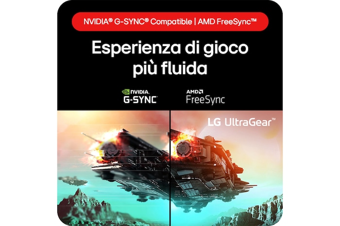 Monitor Gaming LG UltraGear 24GS60F, che fornisce tecnologia per un gaming impeccabile grazie alla compatibilità con NVIDIA® G-SYNC® e AMD FreeSync™.