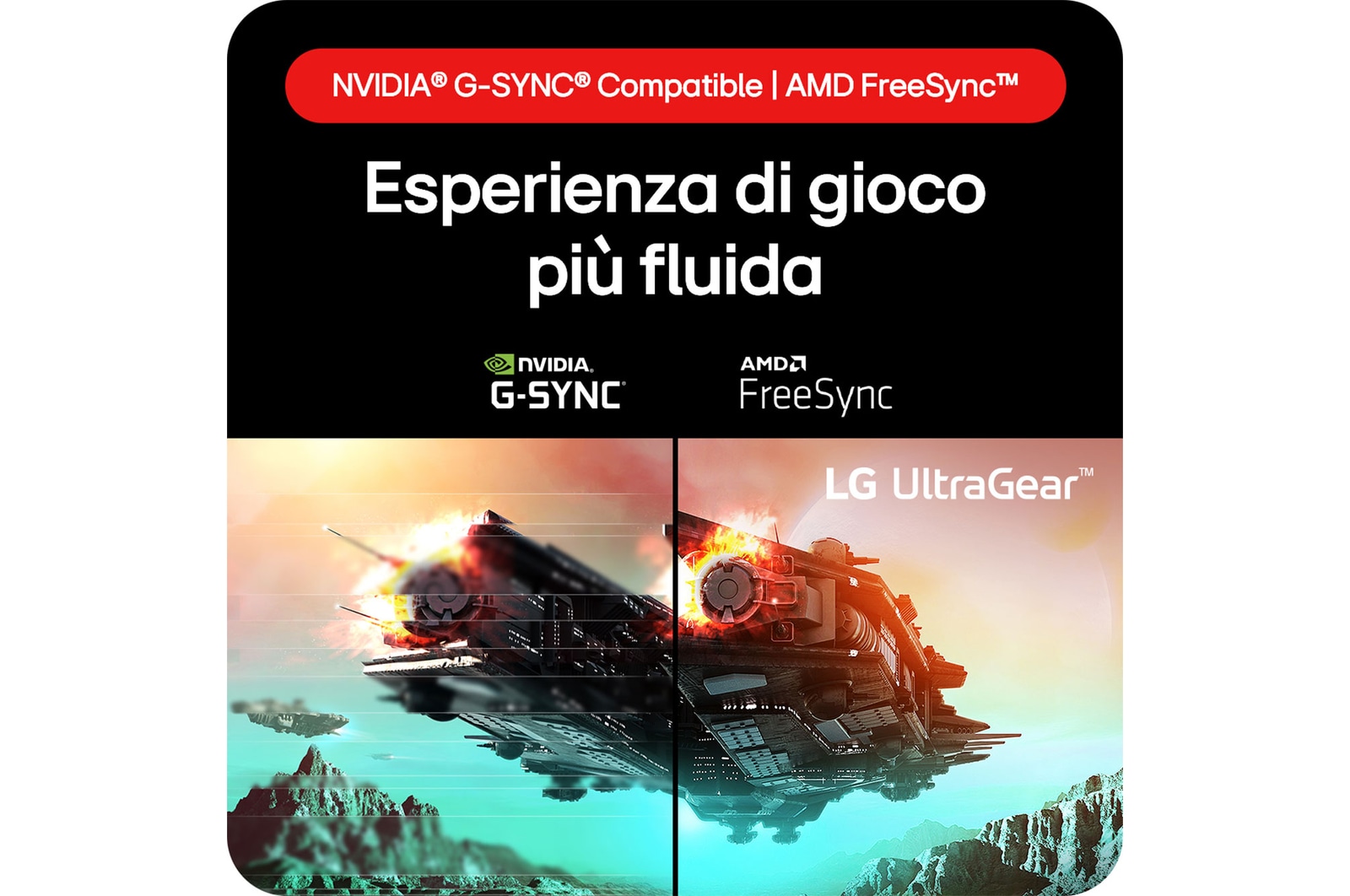 Monitor Gaming LG UltraGear 24GS60F, che fornisce tecnologia per un gaming impeccabile grazie alla compatibilità con NVIDIA® G-SYNC® e AMD FreeSync™.