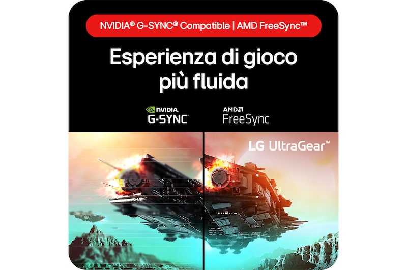 Monitor Gaming LG UltraGear 24GS60F, che fornisce tecnologia per un gaming impeccabile grazie alla compatibilità con NVIDIA® G-SYNC® e AMD FreeSync™.