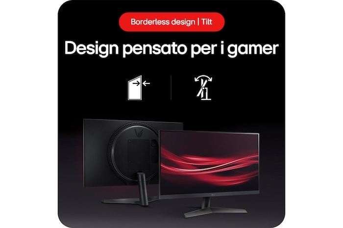 Monitor Gaming LG UltraGear 24GS60F, che presenta un design senza bordi e la funzione di inclinazione (Tilt) del supporto, progettato per i gamer.
