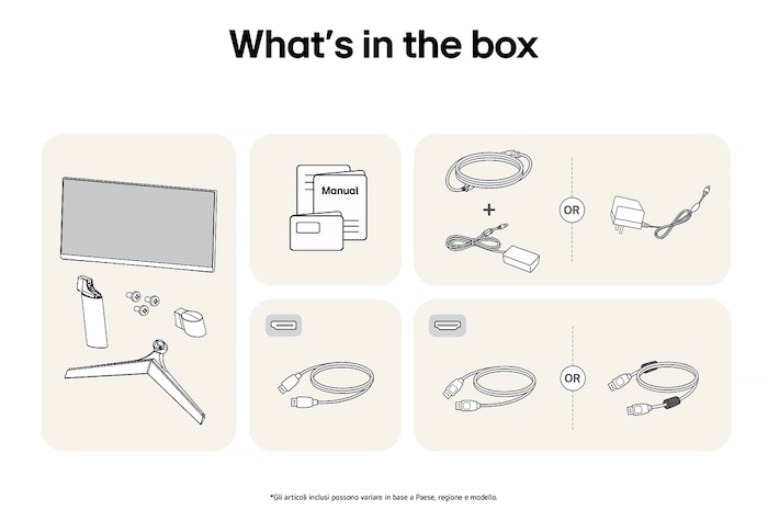 mmagine degli accessori inclusi con il Monitor LG UltraGear 24GS60F, che dettaglia il manuale, l'adattatore di alimentazione CA e le opzioni di cavo HDMI o DisplayPort in dotazione.
