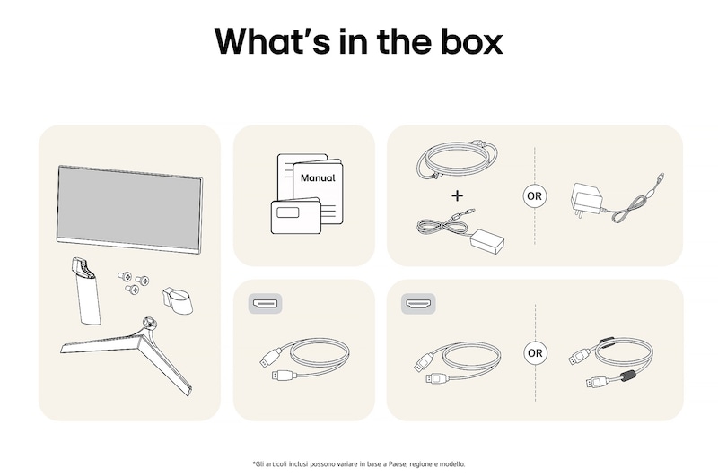 mmagine degli accessori inclusi con il Monitor LG UltraGear 24GS60F, che dettaglia il manuale, l'adattatore di alimentazione CA e le opzioni di cavo HDMI o DisplayPort in dotazione.