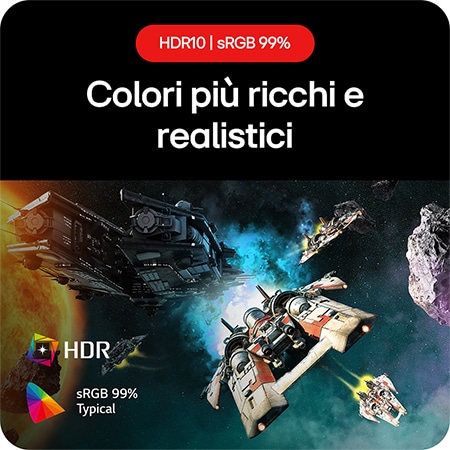 Monitor Gaming LG UltraGear 24GS60F, che permette di sperimentare colori fedeli alla realtà grazie al supporto HDR10 e alla copertura sRGB del 99%.