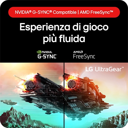 Monitor Gaming LG UltraGear 24GS60F, che fornisce tecnologia per un gaming impeccabile grazie alla compatibilità con NVIDIA® G-SYNC® e AMD FreeSync™.