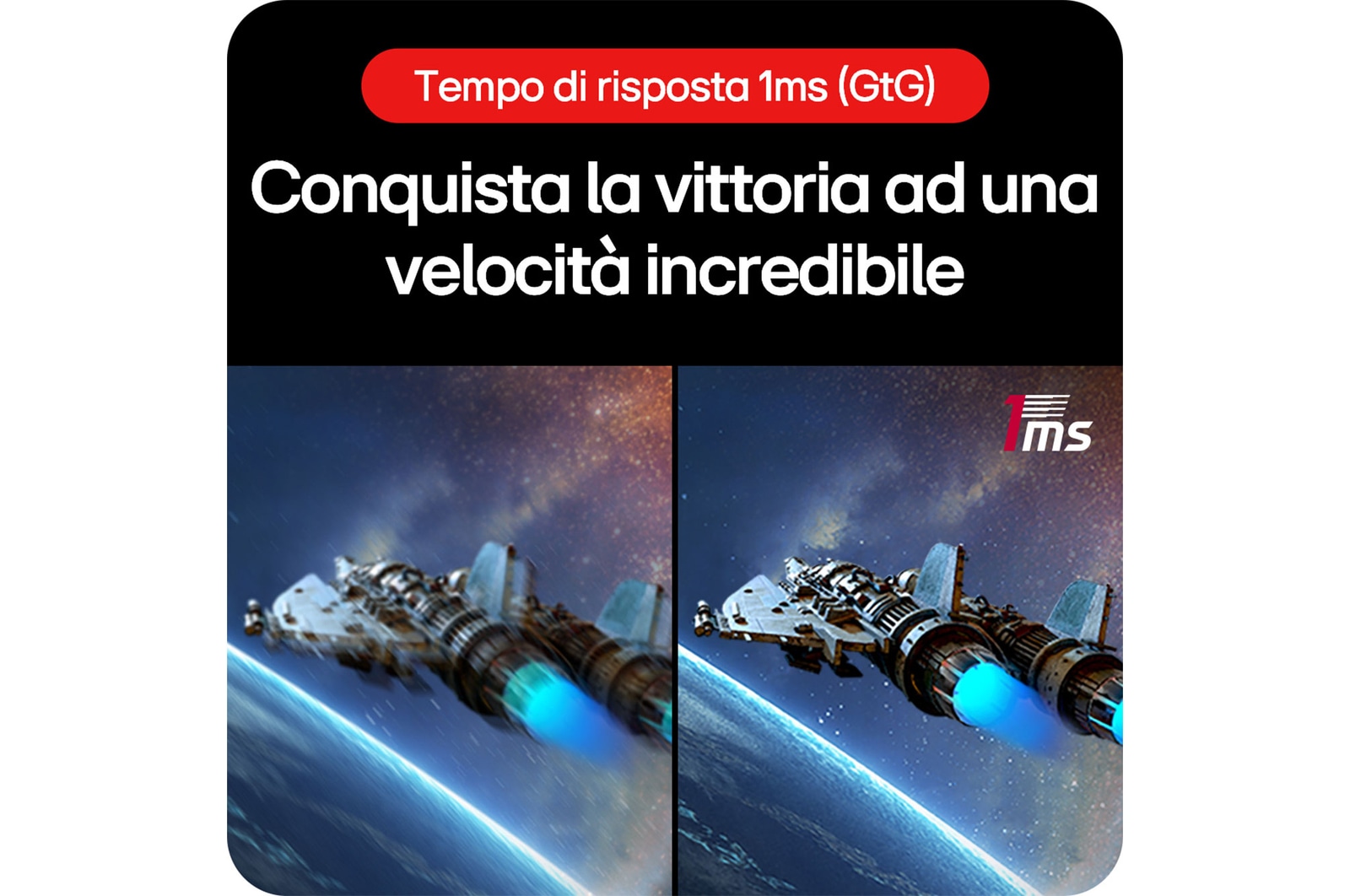 Monitor Gaming LG UltraGear 27GS60QC, che offre velocità travolgente per un'immersione totale nel gioco, grazie al tempo di risposta di 1 ms (GtG).