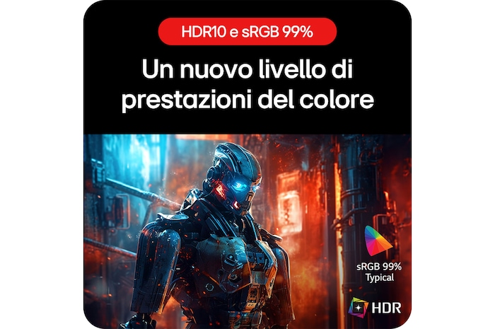 Monitor Gaming LG UltraGear 27GS60QC, che permette di sperimentare colori fedeli alla realtà grazie al supporto HDR10 e alla copertura sRGB del 99%.