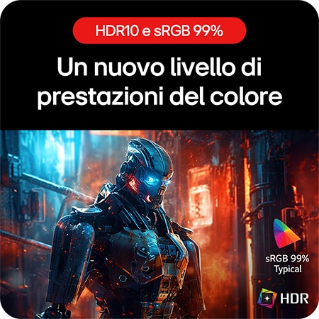 Monitor Gaming LG UltraGear 27GS60QC, che permette di sperimentare colori fedeli alla realtà grazie al supporto HDR10 e alla copertura sRGB del 99%.