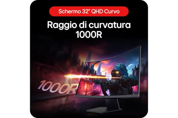 Monitor Gaming Curvo LG UltraGear 32GS60QC, che mostra la curva senza interruzioni del display QHD 1000R da 32 pollici per un gioco ininterrotto.