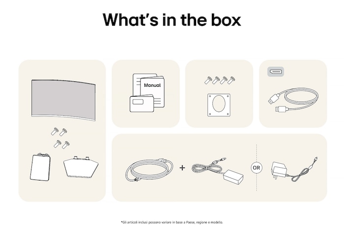  Immagine degli accessori inclusi con il Monitor LG UltraGear 32GS60QC, che dettaglia il manuale, l'adattatore di alimentazione CA e le opzioni di cavo HDMI o DisplayPort in dotazione.