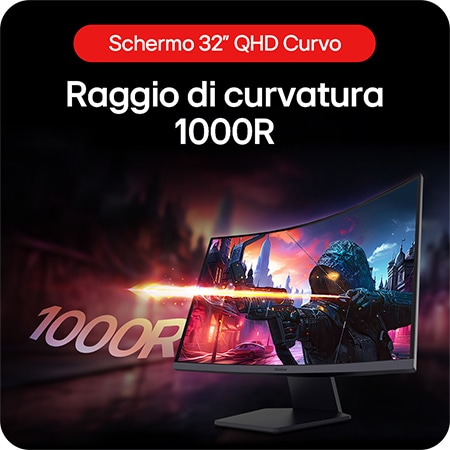 Monitor Gaming Curvo LG UltraGear 32GS60QC, che mostra la curva senza interruzioni del display QHD 1000R da 32 pollici per un gioco ininterrotto.