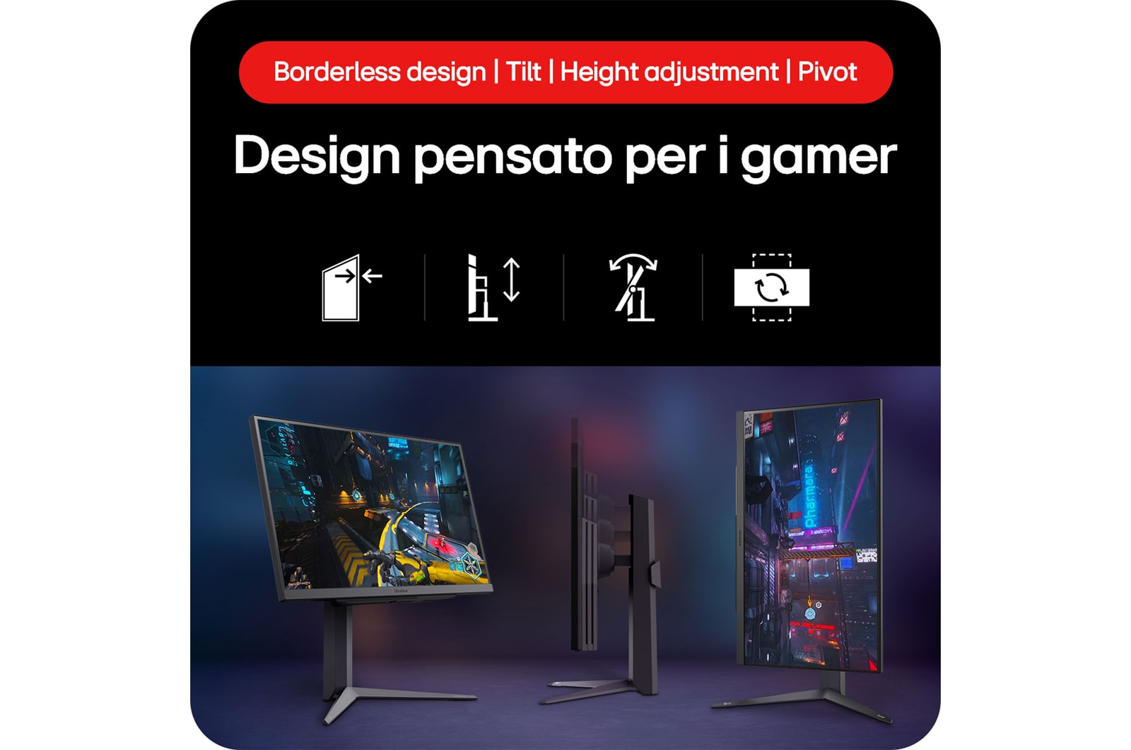 Monitor Gaming LG UltraGear 27GS75Q-B che mostra il suo Design Orientato al Giocatore con funzionalità Design senza Bordi, Inclinazione, Regolazione dell'Altezza e Pivot.