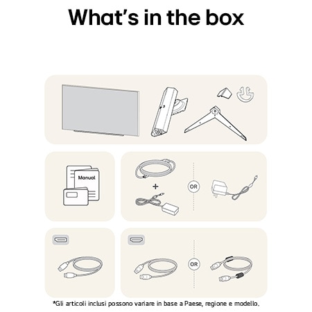 Monitor Gaming LG UltraGear 27GS75Q-B che mostra una panoramica di tutti i componenti inclusi, tra cui corpo monitor, parti del supporto, manuale e cavi HDMI, DP e USB.