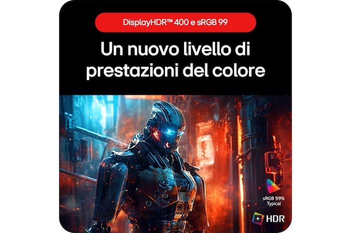 Monitor Gaming LG UltraGear 32GS75Q, che permette di godere di colori fedeli grazie al supporto HDR10 e alla copertura della gamma colori sRGB 99% (Tip.).