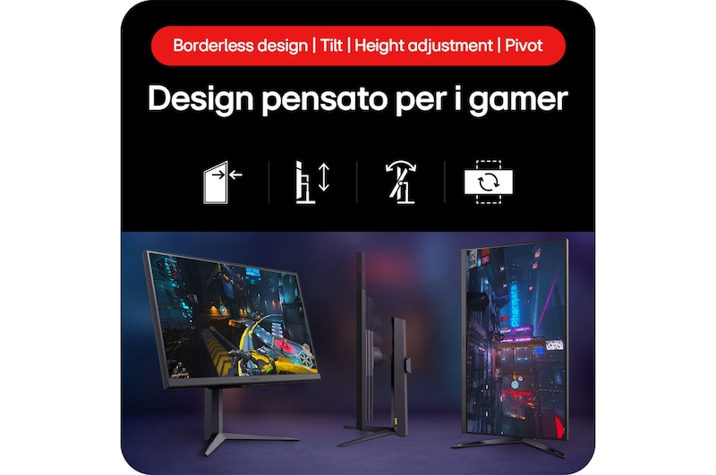 Monitor Gaming LG UltraGear 32GS75Q che mostra il suo Design Orientato al Giocatore con Design senza Bordi, Inclinazione, Regolazione dell'Altezza e funzione Pivot.
