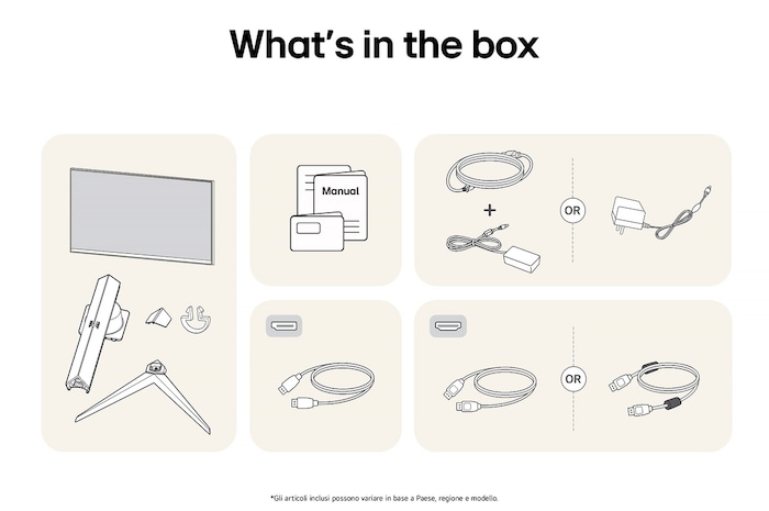 Monitor Gaming LG UltraGear 32GS75Q che mostra una panoramica di tutti i componenti inclusi, tra cui corpo monitor, parti del supporto, manuale e cavi HDMI e DP.