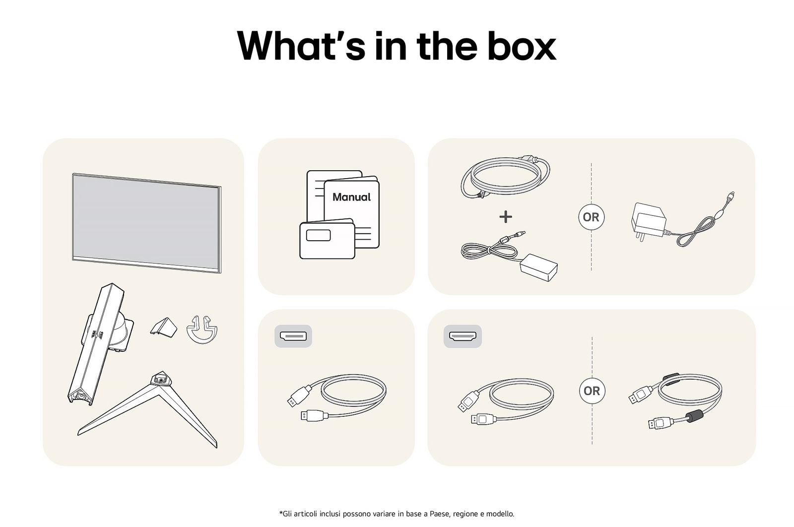 Monitor Gaming LG UltraGear 32GS75Q che mostra una panoramica di tutti i componenti inclusi, tra cui corpo monitor, parti del supporto, manuale e cavi HDMI e DP.