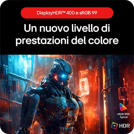 Monitor Gaming LG UltraGear 32GS75Q, che permette di godere di colori fedeli grazie al supporto HDR10 e alla copertura della gamma colori sRGB 99% (Tip.).