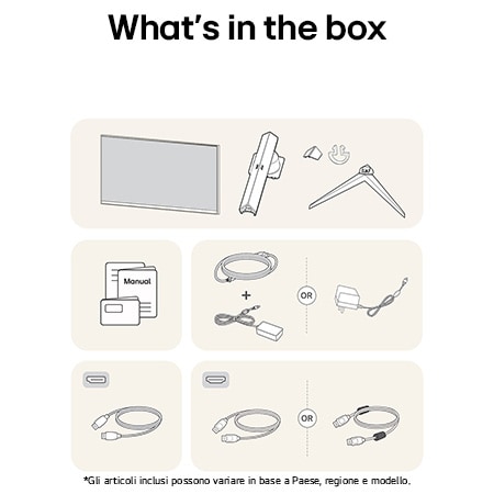 Monitor Gaming LG UltraGear 32GS75Q che mostra una panoramica di tutti i componenti inclusi, tra cui corpo monitor, parti del supporto, manuale e cavi HDMI e DP.